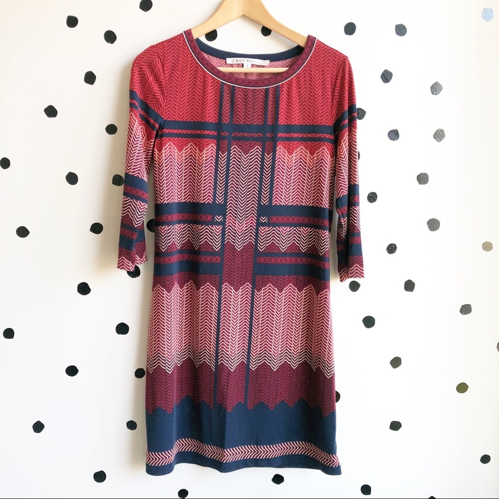 Max Studio Red Blue Geometric Long Sleeve Stretch Dress Size Small
